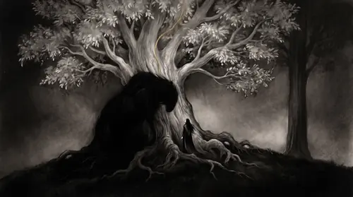 Valinor at the moment the light goes: Ungoliant reared against the trunk of Telperion, a lightless bulk larger than the tree\'s lower boughs, her head down at the bark and her legs braced wide - and…
