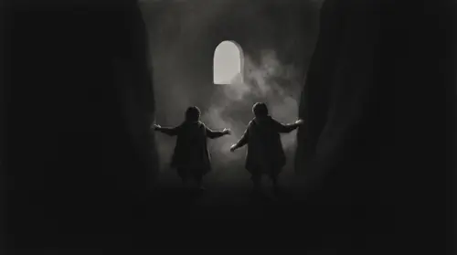 Just inside Torech Ungol, looking back at the entrance from twenty paces in: the arch of grey daylight already shrunk to a small pale shape, and between camera and opening the two hobbits as low dark…
