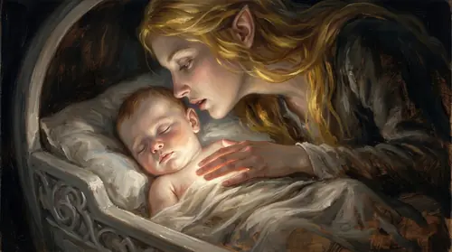 Close on the cradle: the infant Eärendil asleep, and a faint light — not reflected, coming from within — resting on his brow and cheek so the linen around him glows with it; Idril\'s face bent to the…