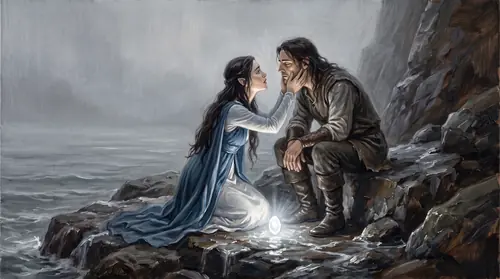 The two of them on the rocks above the tide: Eärendil seated with his forearms on his knees, worn through, his eyes closed; Elwing kneeling in front of him with both hands on his face, making him…