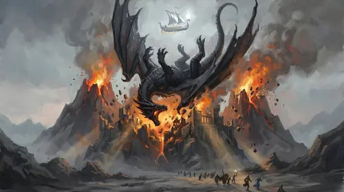 The kill at the grey edge of dawn: Ancalagon falling — vast, upside down, wings folding the wrong way, his throat open — onto the three peaks of Thangorodrim, which are breaking under him, the towers…