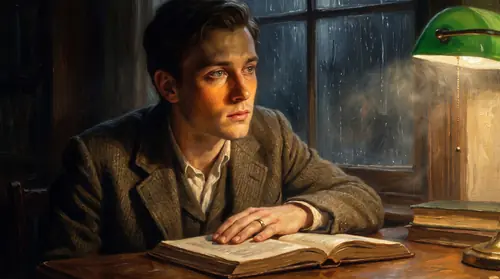 The young man\'s face lifted from the page: eyes unfocused, looking past the lamp at the black rain-streaked window as though something on the other side of it had spoken; lamplight on one cheek, the…