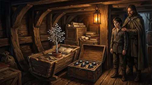 Inside the hold of Elendil\'s flagship by lantern light. A cradle holds the seedling of Nimloth — slender silver sapling in a clay pot, white leaves quivering. Beside it, a chest of seven dark crystal…