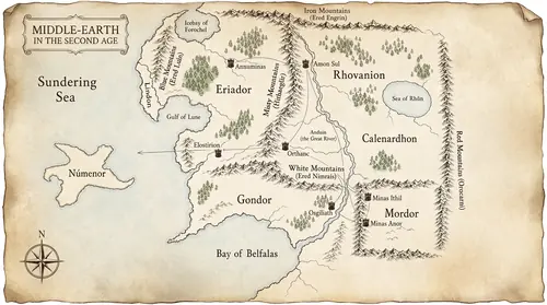 Schematic diagram-style illustration in parchment-and-ink: a stylized map of the Realms in Exile. Seven palantir-marker icons placed at Amon Sul, Annuminas, Elostirion (Emyn Beraid), Osgiliath, Minas…