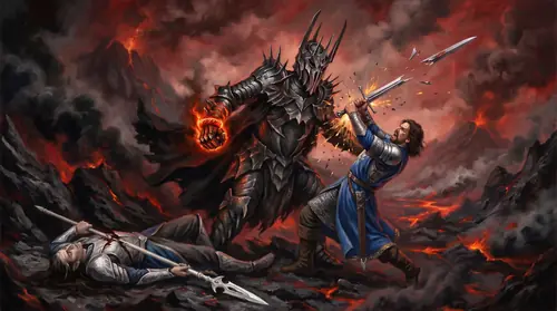 The duel on Orodruin, full violence: Sauron, twelve feet tall in spiked black armor, has crushed Gil-galad to the ground (the Elf-king\'s white spear shattered, his body broken). Elendil, eight feet…