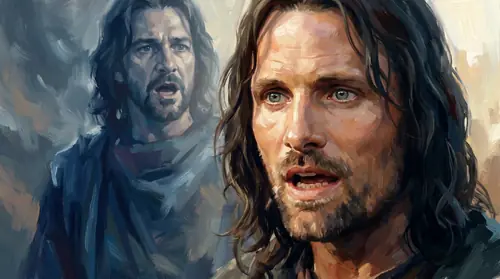 Tight on Aragorn\'s face at the moment of speech: grave, lit by the white sunlight of Minas Tirith, mouth open on the same Quenya words his ancestor spoke on a beach in Lindon three thousand years…
