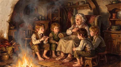 Inside a low round room the winter after: an old hobbit reciting with her eyes shut while four children mouth the roll back at her, one of them counting names off on his fingers and having lost his…