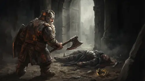 Dain Ironfoot at two hundred and fifty-two, braced astride a fallen man in the gateway with the axe coming round again at the end of a day he has no business still being in — beard white, mail…