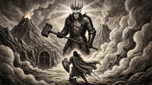 Fingolfin coming up off one knee for the third time in the ash before Angband\'s gate, his sword dragging, his shield split through, his whole weight going onto the front foot. Above him Morgoth fills…