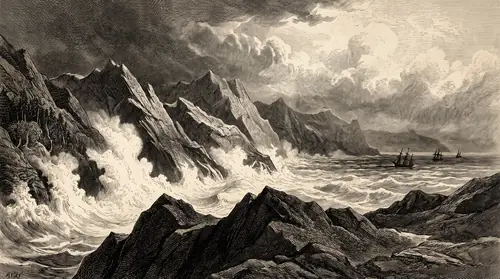 Beleriand going under: from far out over the water looking east, a whole coastline dropping — entire ridgelines sliding sideways into a sea climbing over them, the great river\'s valley already a bay…