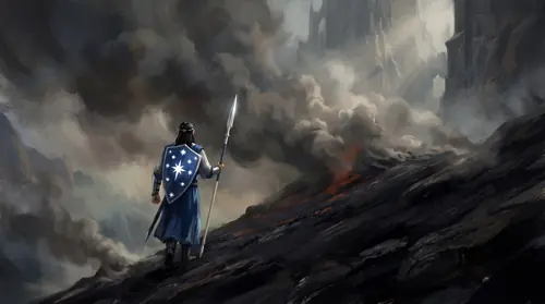 The long defeat with a face and a spear: the silver-shielded king walking away from us up a black slope into smoke - small, alone, the spear over his shoulder, the stars on his shield the only clean…