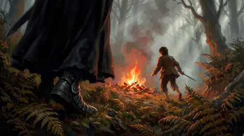Down at ground level in the bracken at the lip of the dell: a black hem coming down the slope into the near frame, and beyond it the fire and the small shape of Frodo already on his feet. The blade…