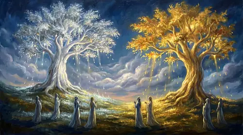 The Two Trees of Valinor in their full glory: Telperion on the left, a tall white-trunked tree with silver leaves dripping luminous silver dew; Laurelin on the right, golden-trunked with leaves edged…