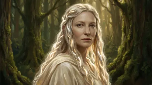 Three-quarter close-up of Galadriel\'s head and shoulders against a deep green Lothlorien interior. Her long silver-gold hair catches the dim forest light and seems to hold a soft inner luminescence —…