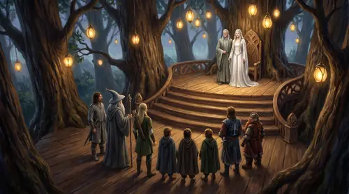 A wide painted view of the Fellowship arriving at the high talan of Caras Galadhon: golden mallorn lamps glowing among the great trees, Galadriel and Celeborn standing tall on a high carved platform…