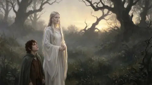 Back in the Mirror garden: the terrible vision is gone. Galadriel stands quietly beside Frodo, her hand lowered, her face restored to its ordinary luminous calm. She looks smaller than she did a…