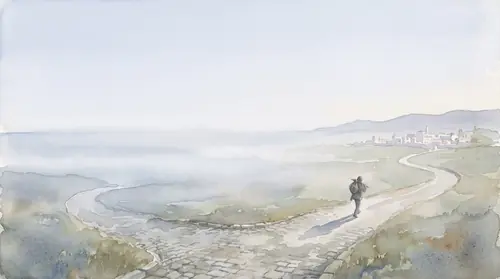 A fork in an old paved road at first light, seen from a rise behind it: the left branch running west toward the sea-haze and the pale towers of Lindon, the right branch running inland toward a city…