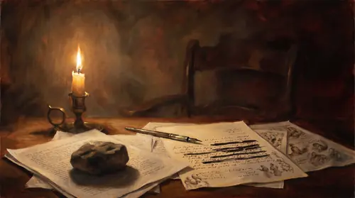 A low writing desk under one guttering candle, seen from directly across it: loose leaves weighted down with a stone, a page half covered in lines with several of them struck through in a heavier…