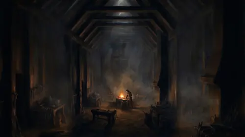 The episode\'s scale peak, and the music arrives on the cut: the whole workshop hall from the highest corner of the gallery, black and enormous, the roof beams running away into dark — and down in the…