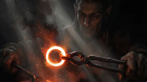 The most striking image of the sequence and the one that carries the push into the title: everything black except a white-hot ring-form being lifted from the coals in a pair of tongs, filling the…
