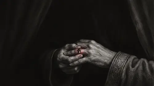 A weathered, sun-browned mortal hand, heavy Eastern robe-sleeve at the wrist, is sliding a ring onto its finger in the near-dark of a tent, the band halfway past the knuckle. Nothing else is…