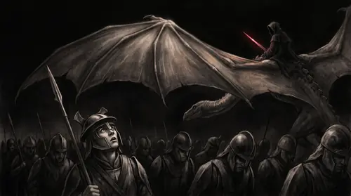 Ground-level within a marching column of Easterling soldiers under a black sky: a young spearman in the foreground has stopped mid-stride and is tilting his head back, eyes on a vast winged shape…
