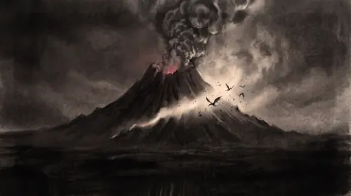 The section\'s scale peak: Mount Doom erupting, a wall of fire and ash climbing the sky, and against it the winged shapes of the Nazgûl racing in, too late, crackling and withering like burning leaves…