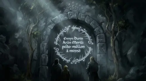Tight, glowing close-up of the Ithildin inscription across the Doors of Durin — the silver Elvish letters spelling the words of welcome, radiant under the moon against the dark stone. The single…