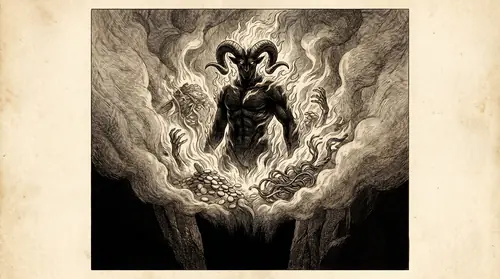 A symbolic, allegorical image: the towering Balrog of flame and shadow rising from the abyss, and within or around its form the suggestion of dwarven greed — coins, mithril, grasping hands — fused…