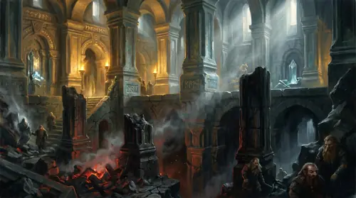 A single composition holding both truths at once: the upper half a luminous golden vision of Khazad-dum in glory, pillars and lamps and mithril light; the lower half the same architecture ruined…