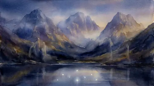 A final reflective image of the Mirrormere under the three peaks at twilight, its dark still surface holding the crown of seven stars once more — the lake that showed a founder his crown and saw a…