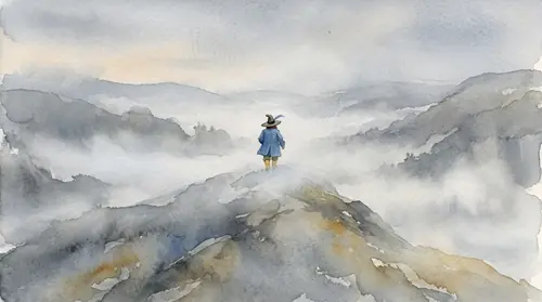 A grey dawn on the downs with the mist lying in every hollow, and a single small blue-coated figure walking a ridge line away from us, hat on the back of his head, utterly at ease — while the mist…