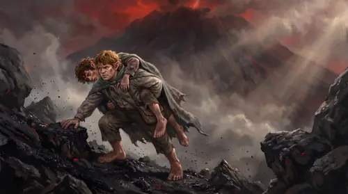 A black slope of clinker and falling ash under a red sky, and coming up it a short stocky figure carrying another on his back, bent almost double, one hand braced on the rock — no army, no light, no…
