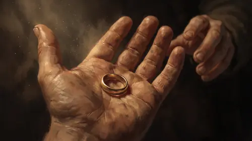 The motif payoff and the last main image: extreme close on one small, broad, dirt-creased palm held flat and open, and a plain gold ring lying loose in it being offered back — the fingers…