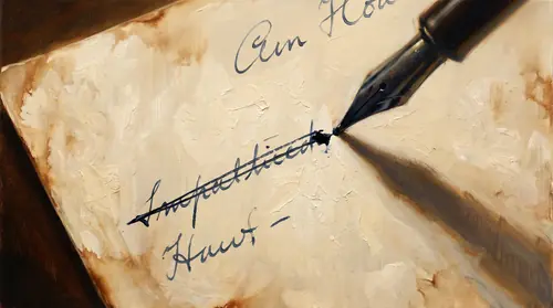 The draft leaf filling the frame at a slant, lamp-light raking across the tooth of the paper. Lines of small slanted fountain-pen script run over it, and the nib is mid-stroke through one word, a…