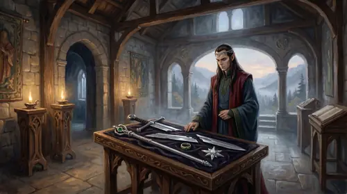 A solemn hall of relics within Rivendell where the treasures of the lost kingdom of Arnor are kept across the centuries: the scepter of Annúminas, the green-gemmed Ring of Barahir, the Star of…