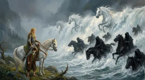 Frodo, deathly pale and slumped on Glorfindel\'s white horse, reaching the brink of the river Bruinen at the valley\'s edge, pursued hard by the Nine black-cloaked Nazgûl on dark steeds. The enchanted…