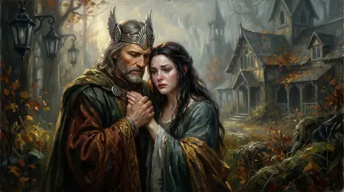 An aged King Aragorn and Queen Arwen together near the end of his life, speaking quietly. As Aragorn speaks, a vision of empty Rivendell appears: dark lamps, silent halls, the last homely house…