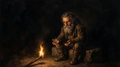 A symbolic portrait: Mim alone in a small circle of torchlight in a vast black void — no orcs, no enemies, no ring on his finger — his small hands held out, palms up, empty. His face is old and…