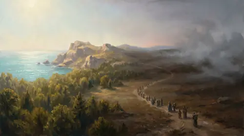 The west of the world at high noon — the shining coasts of Beleriand or Eriador visible to the left, sea and pale cliffs and forests. To the right, the same frame darkens out into a dusky eastern…