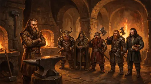 A wide composition: Aule the smith-god stands in a great dim forge, arms folded, his hammer hung on the wall behind him. Arrayed before him in a line, as if reviewed by the maker, stand the faithful…