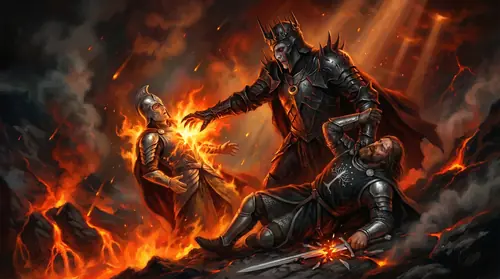 The climactic clash on the fiery mountainside: Gil-galad with Aeglos and Elendil with Narsil close upon Sauron together, the two high kings against the Dark Lord. Gil-galad is consumed by the searing…