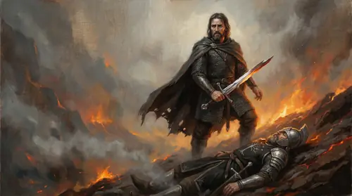 Isildur stands over his slain father Elendil on the fiery slope, the broken hilt of Narsil in his grip — a jagged shard of the blade still jutting from the cross-guard, catching the volcanic glow…