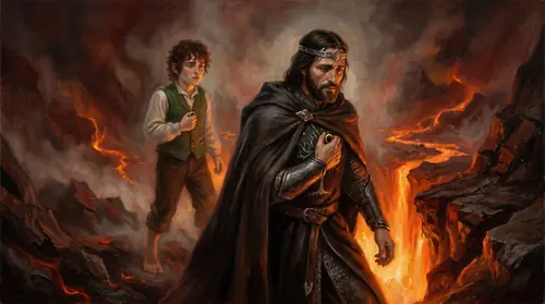 A haunting double image across time: Isildur in the foreground walking slowly away from the glowing Cracks of Doom, the Ring clutched to his chest, and ghosted faintly beside him the figure of Frodo…