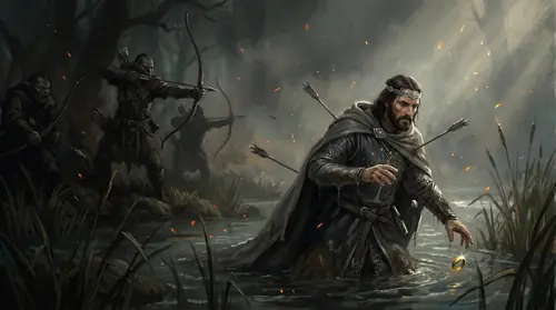 Ambush at the Gladden Fields: Isildur in the reeds and water of the Anduin, orc archers loosing arrows at him from the riverbank as the One Ring slips treacherously from his finger into the current…