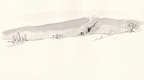 A bare ridge at first light with four separate, far-apart marks on it — a cluster of standing stones at the water, a stubble of tents on the eastern rim, a smoking cleft in the mountain flank, a…