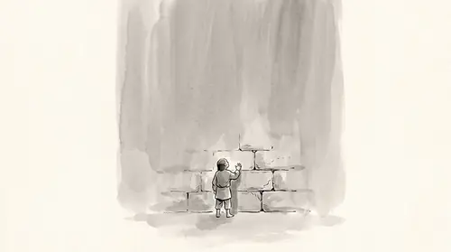 A single small figure halted at the foot of an enormous unbroken stone wall that runs off the top and both sides of the frame — his head back, looking up at it, one hand flat against the stone — and…