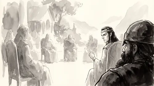 From just behind a dwarf\'s shoulder and helmet in the near foreground, dark and out of focus: across a ring of chairs Elrond is mid-answer, two fingers lifted no higher than his knee, head turned…