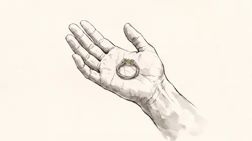 The image the cold open has been walking toward, and the answer to its first shot: the same ring, now lying on a living human palm held open and flat in daylight, offered out past the frame\'s edge to…