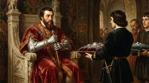 The Numenorean king Tar-Telemmaite on his throne, his hands literally adorned with mithril rings, bracelets, and gauntlets -- Silver-Handed in name and obsession. Servants present more of the metal…